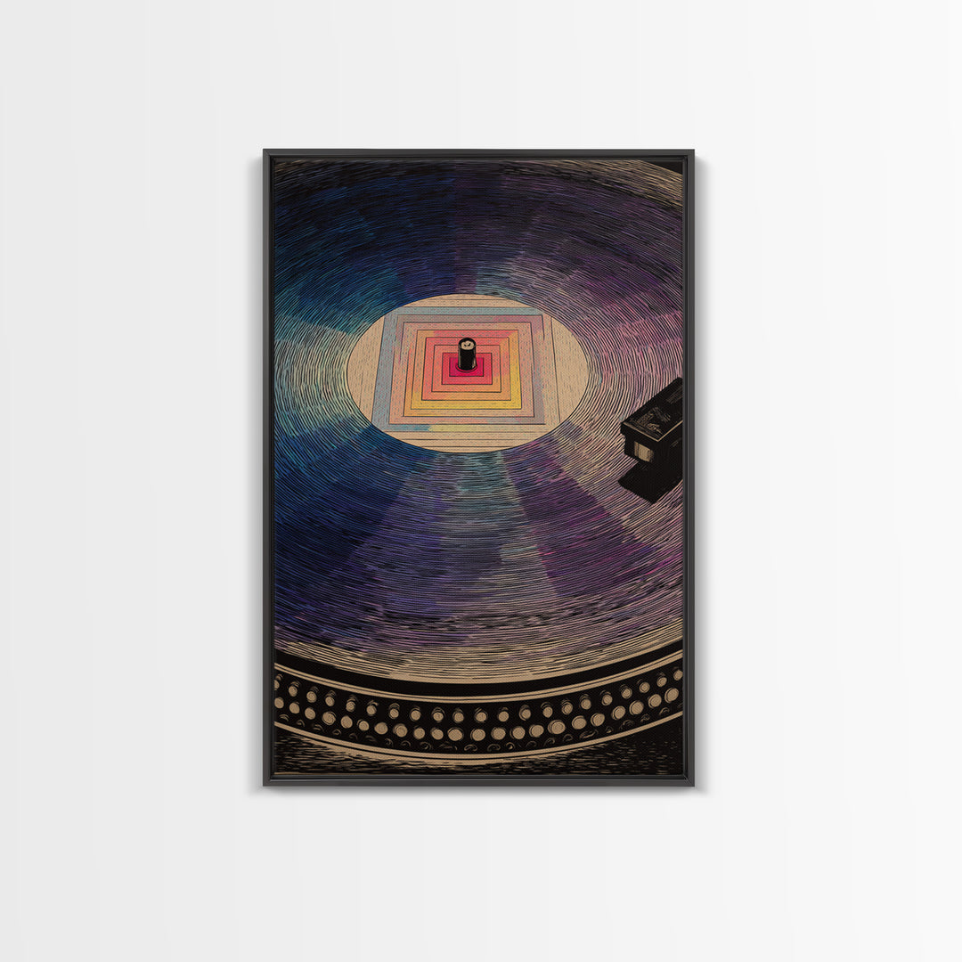 Square Label Vinyl Record Framed Canvas Print, Modern Abstract Wall Art, Retro Turntable Poster, Blue Purple Music Decor