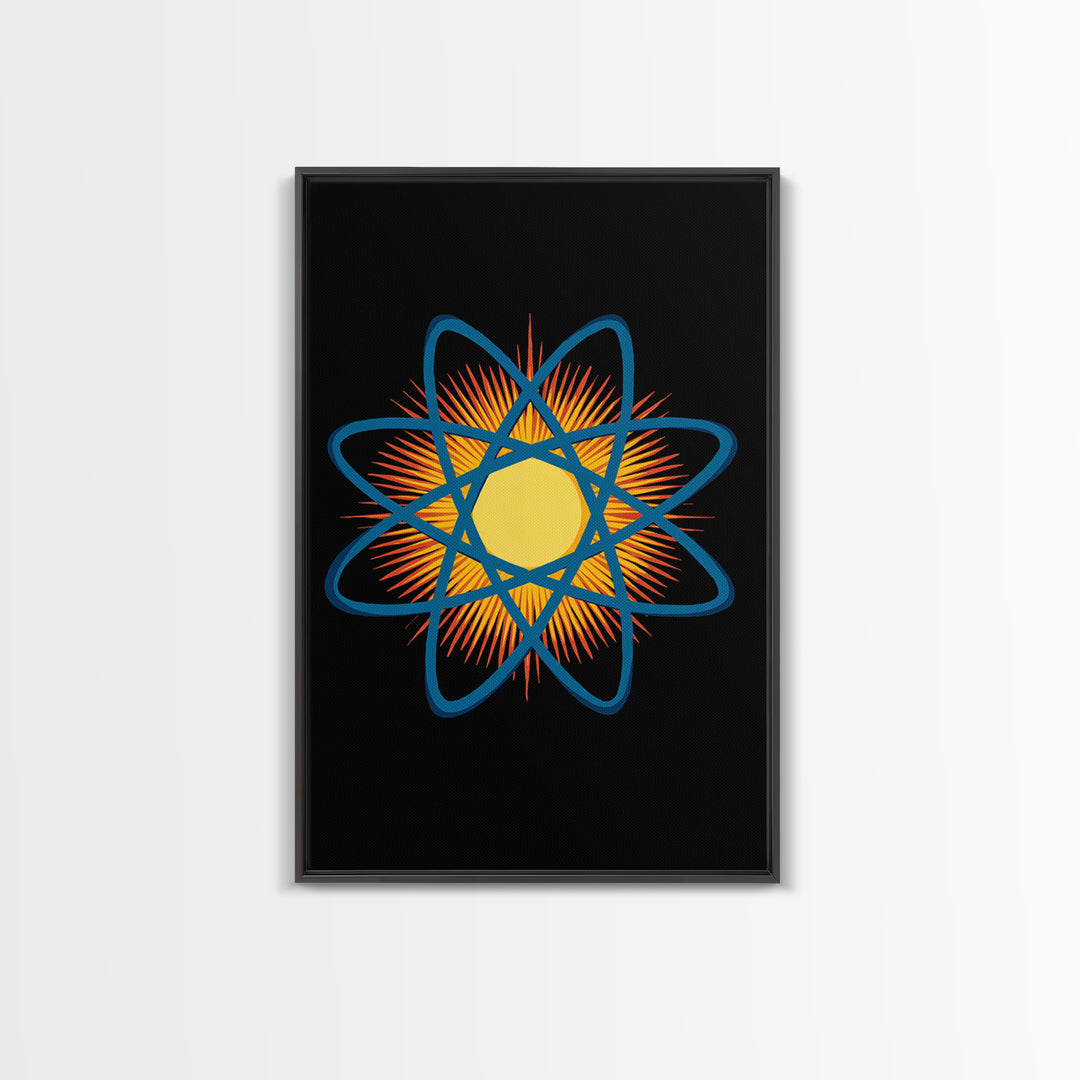 Blue Atomic Orbit Sunburst Wall Art, Midcentury Modern Science Poster, Retro Space Decor, Geometric MCM Art Print For Office