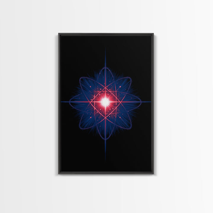 Neon Red Blue Atomic Starburst Canvas Print, Futuristic Space Abstract, Midcentury Modern Wall Decor, Sci Fi Home Office Art