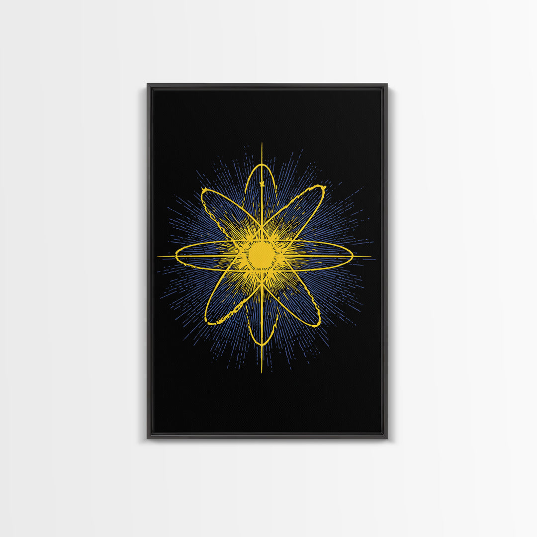 Yellow Atomic Burst Wall Art, Bright Modern Abstract Science Poster, Midcentury Space Decor, Geometric Art Print For Home Office