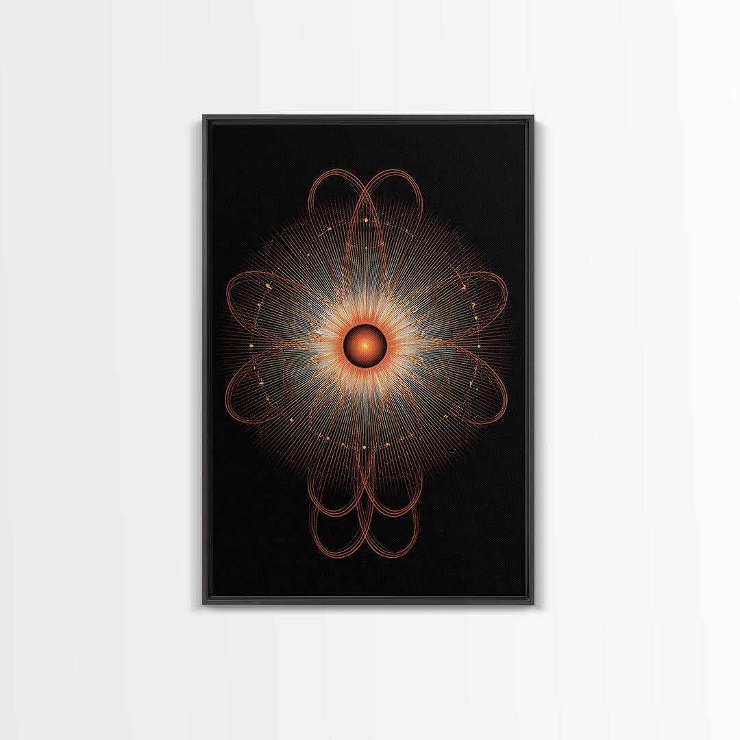 Orange Radiant Atomic Flower Framed Canvas Print, Midcentury Modern Abstract, Retro Geometric Wall Decor, MCM Office Art