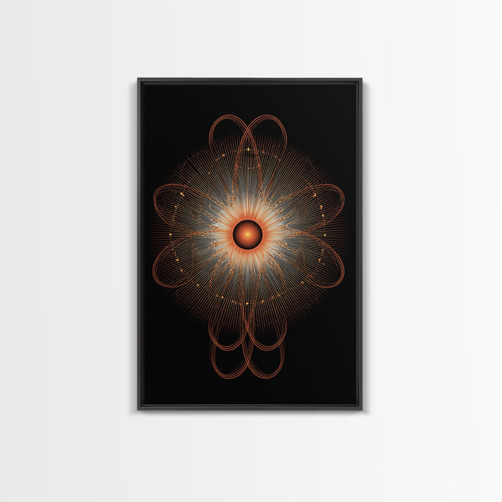 Orange Radiant Atomic Flower Framed Canvas Print, Midcentury Modern Abstract, Retro Geometric Wall Decor, MCM Office Art