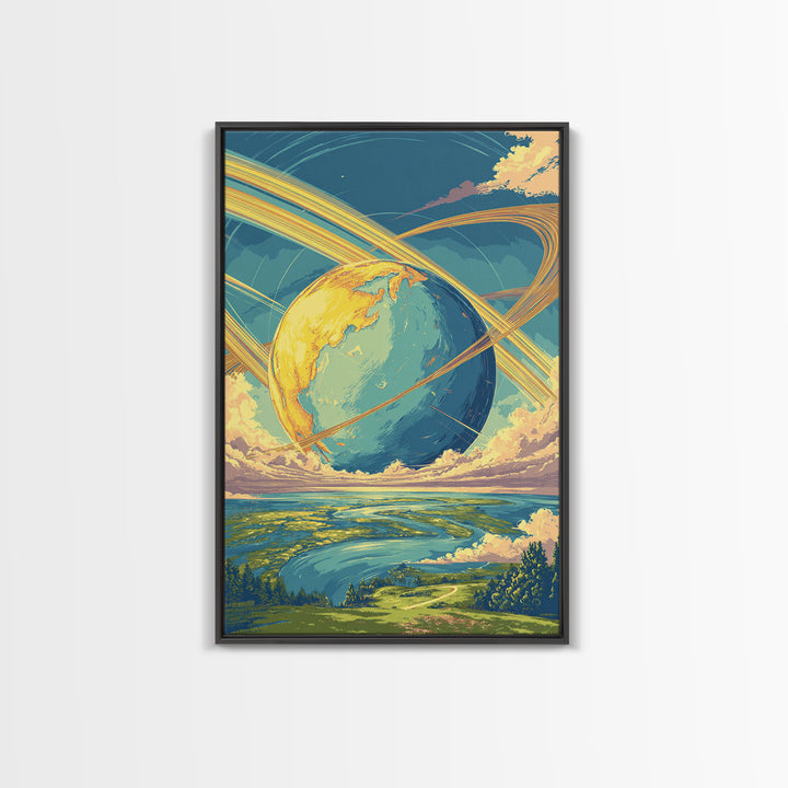 Dreamy Ringed Earth Landscape Wall Art, Retro Futuristic Travel Poster, Colorful Modern Space Decor, Scenic Canvas Print