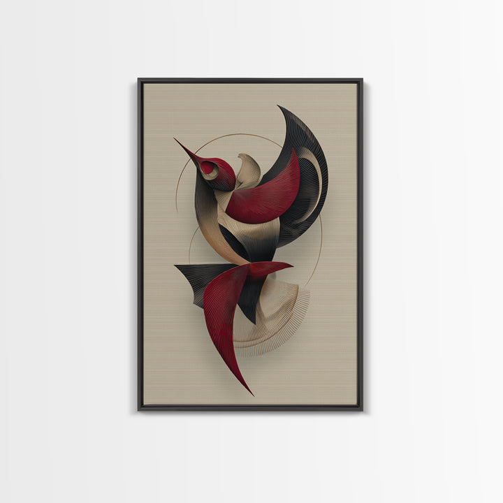 Red Black Beige Kinetic Abstract Bird Framed Canvas Print, Midcentury Modern Wall Art, Sculptural MCM Home Decor, Statement Piece
