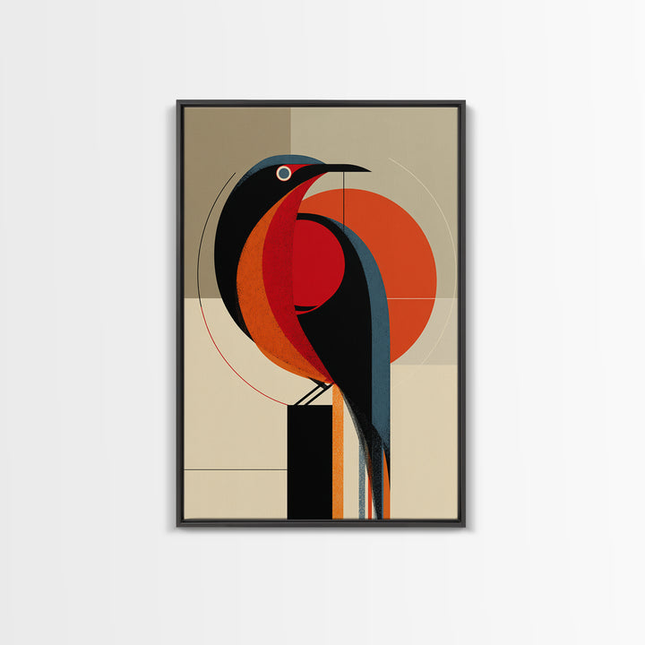 Orange Black Geometric Toucan Framed Canvas Print, Midcentury Modern Wall Art, Atomic Bird Poster, Bold MCM Decor, For Office