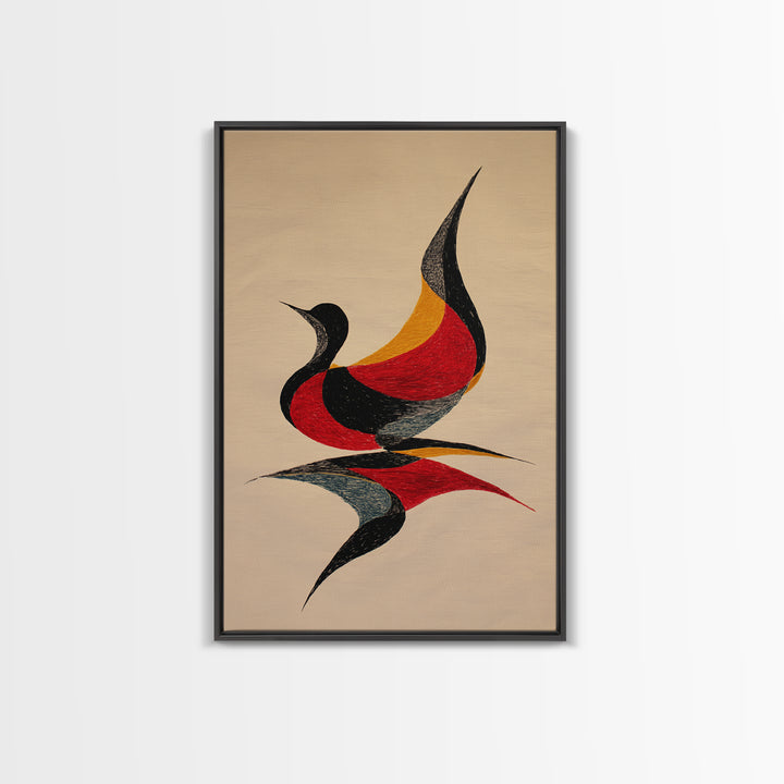 Red Black Abstract Bird Canvas Print, Midcentury Modern Wall Art, Retro Geometric Art, Warm Beige Living Room Decor, Gift