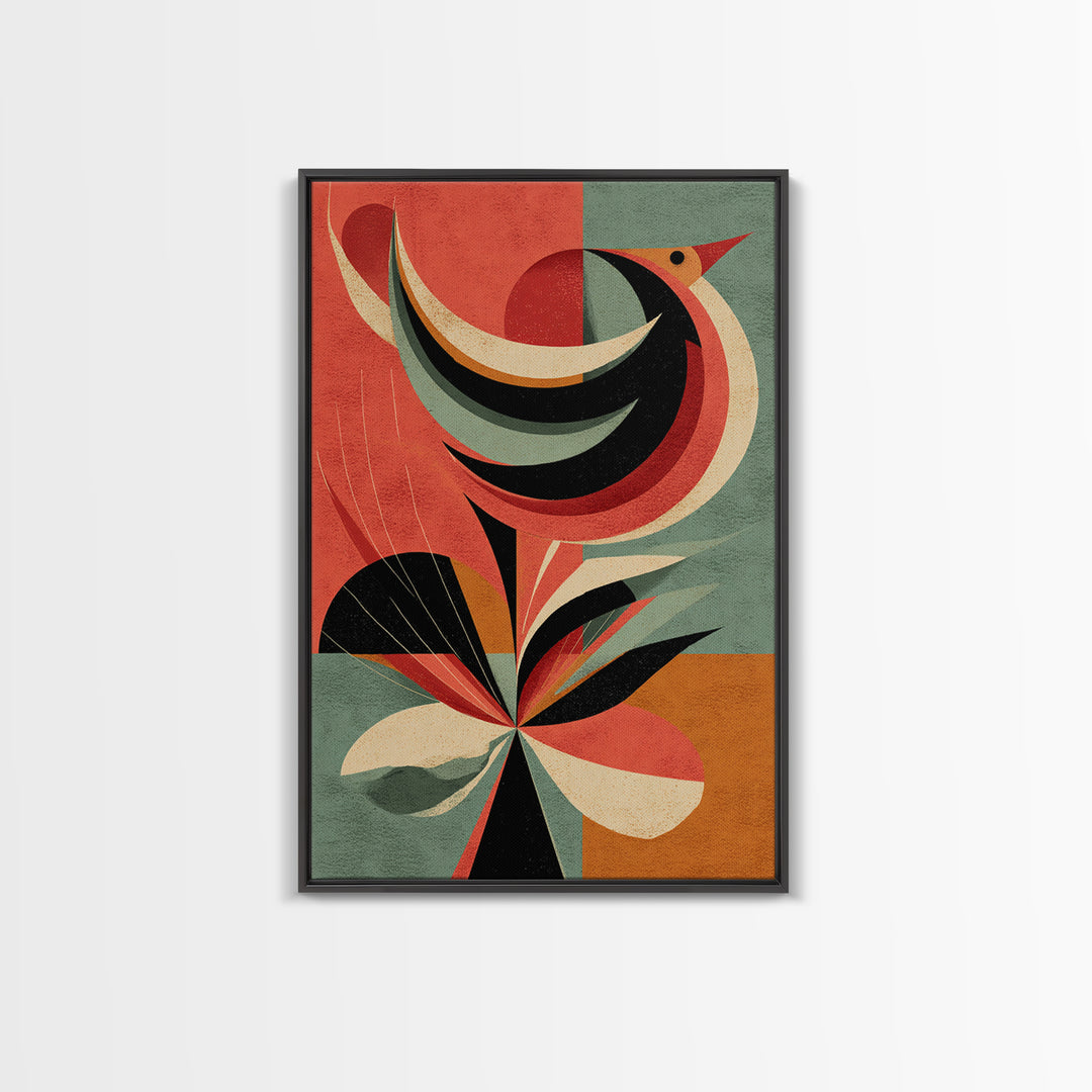 Retro Bird And Flower Wall Art, Midcentury Modern Canvas Print, Colorful Geometric Poster, MCM Botanical Home Decor, Gift