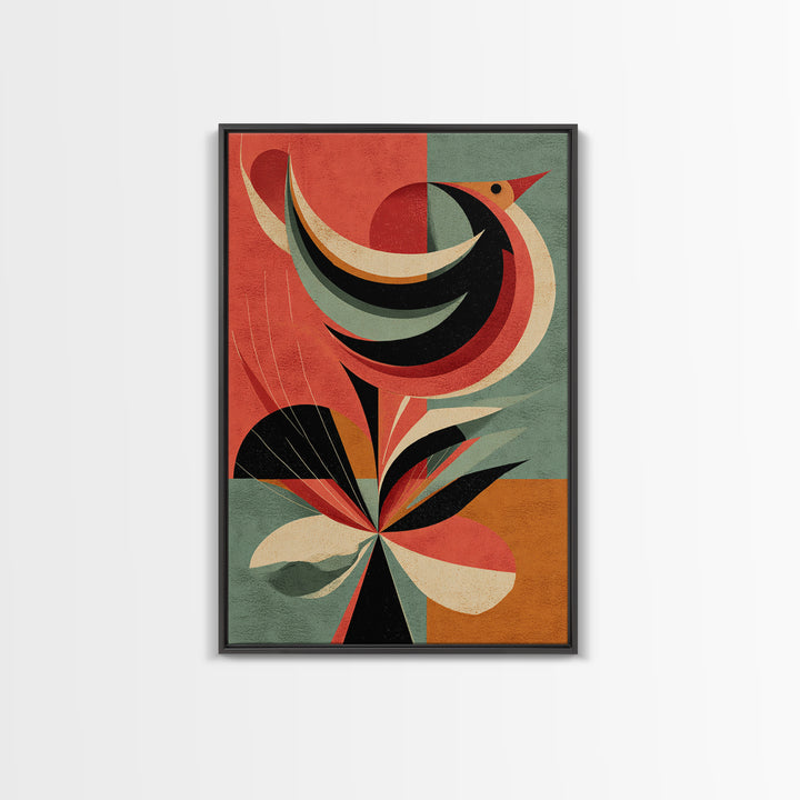 Retro Bird And Flower Wall Art, Midcentury Modern Canvas Print, Colorful Geometric Poster, MCM Botanical Home Decor, Gift