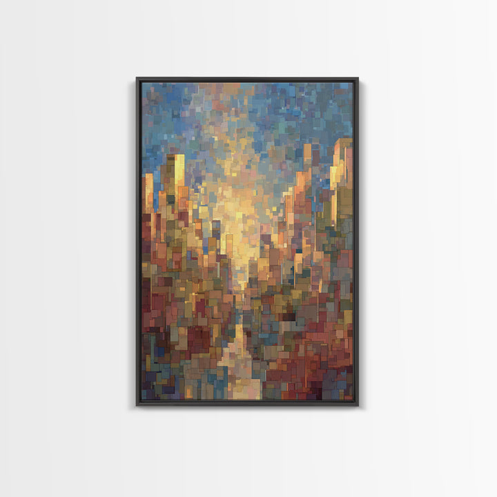 Pixelated Sunset Cityscape Wall Art, Modern Abstract Art Print, Urban Skyline Poster, Colorful Living Room Office Decor, Gift