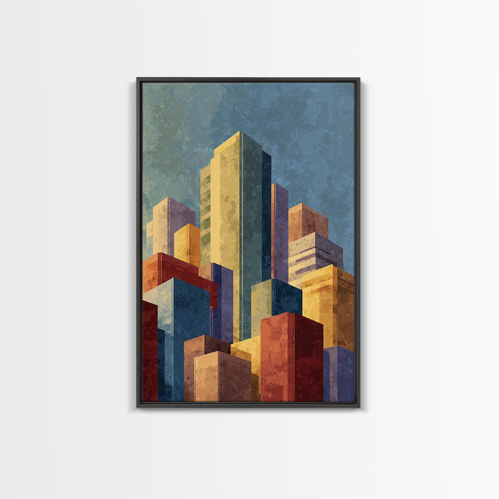 Golden Abstract City Skyline Wall Art, Mid Century Modern Print, Urban Architecture Decor, Colorful Office Living Room Poster