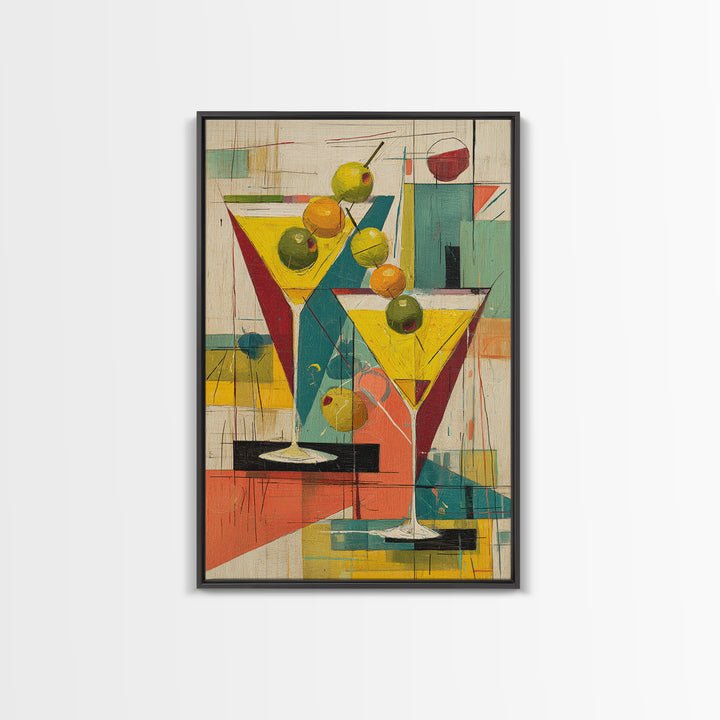 Retro Martini Glasses With Olives Wall Art, Mid Century Modern Bar Cart Decor, Cocktail Poster, Colorful Kitchen Art Print