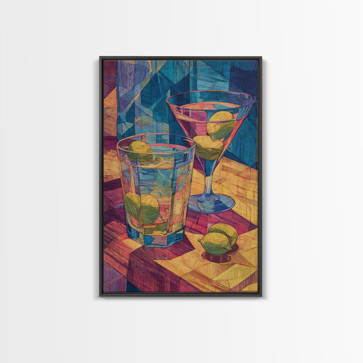 Cubist Cocktail Glasses With Limes Framed Canvas Print, Colorful Retro Wall Decor, Bar Cart Poster, Modern Kitchen Art Print