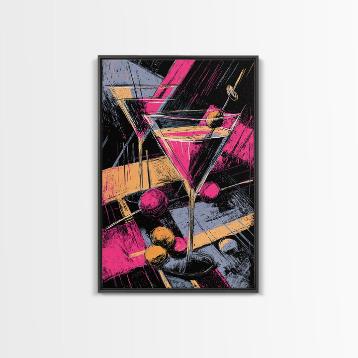 Neon Pink Martini Cocktail Wall Art, Retro Pop Art Bar Cart Decor, Maximalist Kitchen Poster, Bold Modern Canvas Print Gift