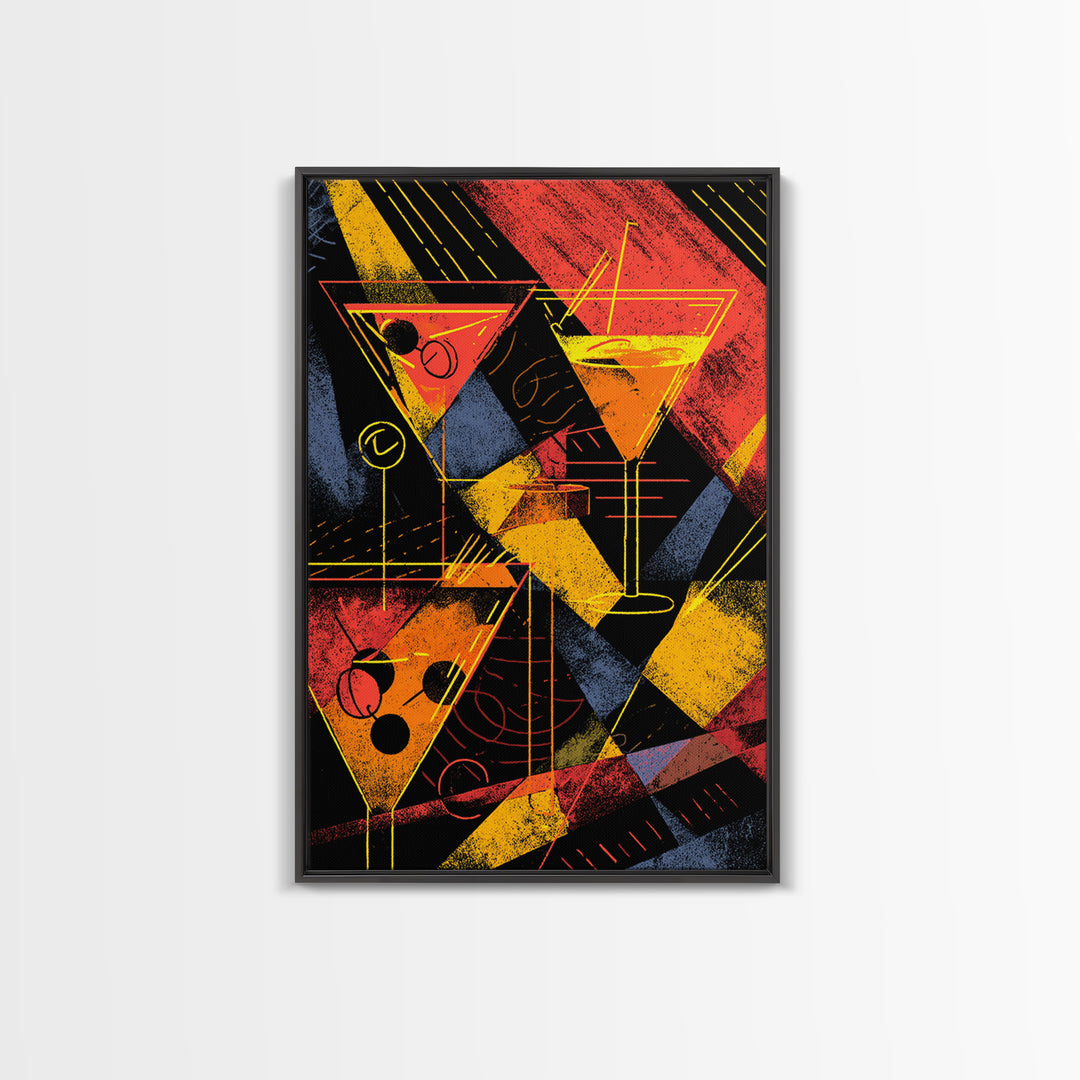 Graphic Martini Trio Canvas Print, Retro Cocktail Wall Decor, Bold Red Yellow Bar Cart Poster, Atomic Modern Kitchen Art