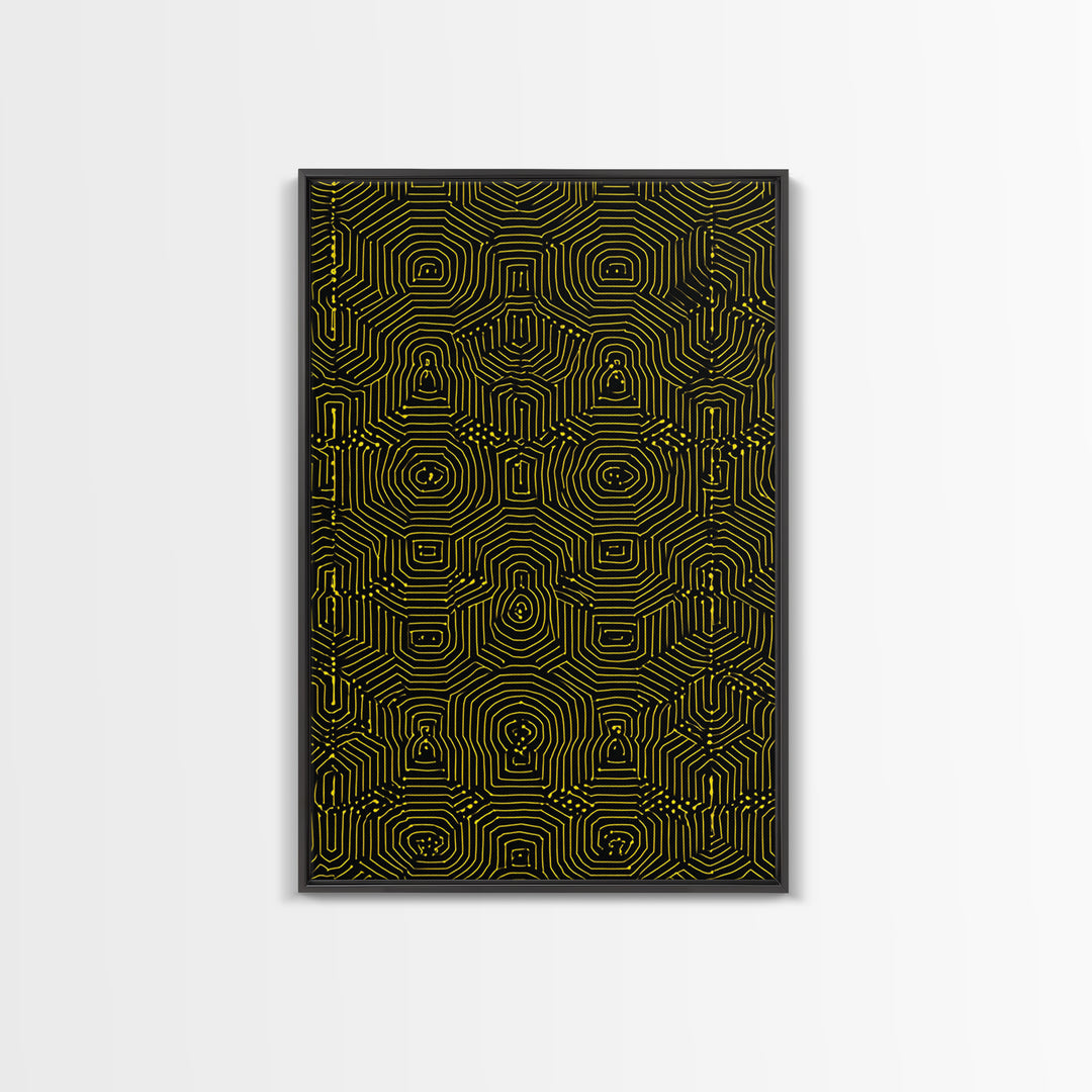 Black Yellow Maze Pattern Canvas Print, Modern Geometric Wall Art, Op Art Poster, Bold Abstract Office Decor Statement Gift