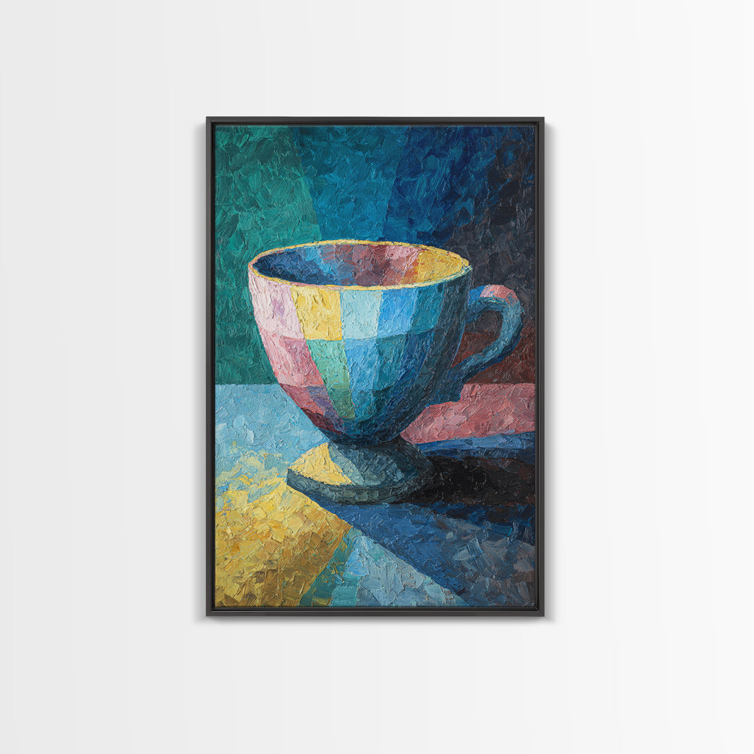 Colorful Teacup Oil Painting Canvas Print, Modern Kitchen Wall Art, Coffee Lover Gift, Vibrant Cafe Decor, Fine Art Print