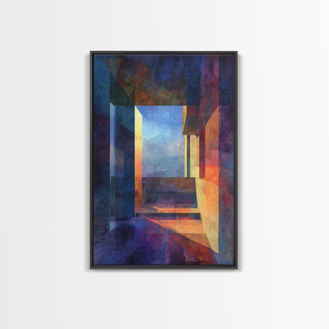 Abstract Architectural Hallway Canvas Print, Modern Wall Art, Geometric Perspective Art, Moody Blue Orange Home Office Decor