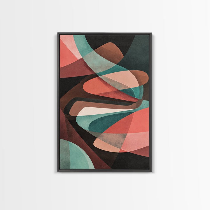 Coral Teal Dark Abstract Canvas Print, Modern Wall Art, Retro Geometric Decor, Moody Midcentury Living Room Poster, Home Office Art