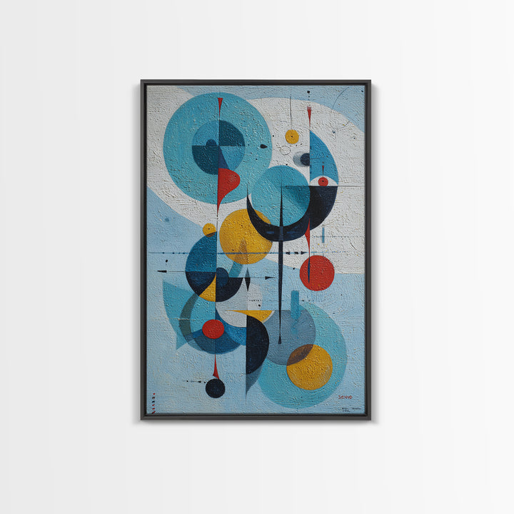 Blue Circle Bauhaus Framed Canvas Print, Midcentury Modern Wall Art, Atomic Geometric Artwork, Red Yellow MCM Decor, Living Room