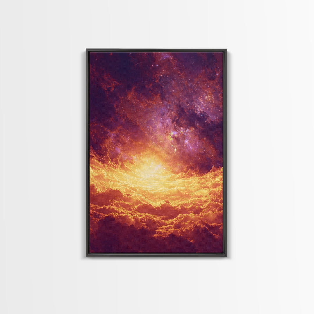 Fiery Celestial Cloudscape Canvas Print, Spiritual Wall Art, Galaxy Sky Poster, Orange Purple Modern Home Decor Gift, Bedroom Art