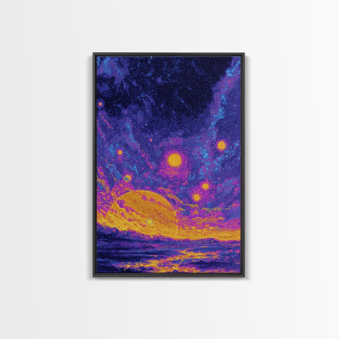 Starry Ocean Sunset Canvas Print, Cosmic Retro Wall Art, Yellow Purple Galaxy Decor, Dreamy Modern Seascape Poster, Living Room