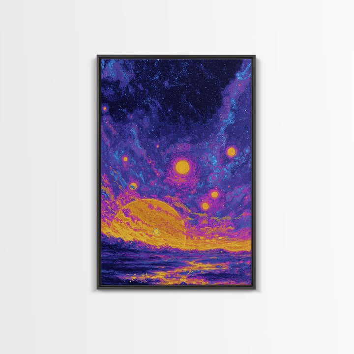 Starry Ocean Sunset Canvas Print, Cosmic Retro Wall Art, Yellow Purple Galaxy Decor, Dreamy Modern Seascape Poster, Living Room