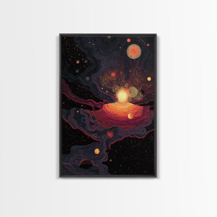 Cosmic Orange Nebula Planets Wall Art, Modern Abstract Art, Retro Sci Fi Decor, Space Poster, Statement Living Room Print