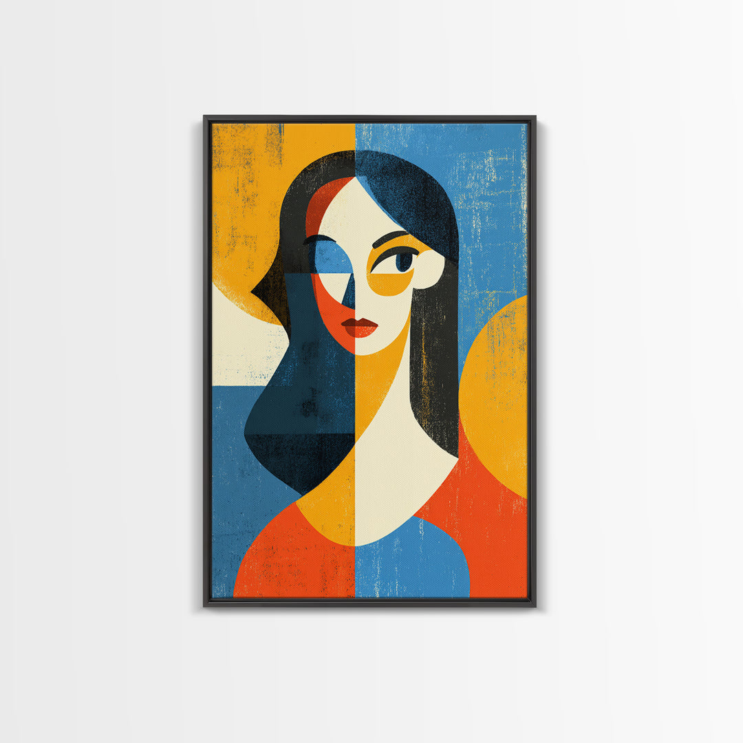 Geometric Midcentury Woman Portrait Canvas Print, Modern Abstract Art, Bauhaus Poster, Orange Blue Decor For Living Room