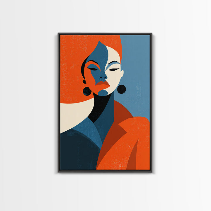Elegant Orange Blue Woman Portrait Framed Canvas Print, Midcentury Modern Art, Fashion Wall Decor, Bold Retro Poster Gift