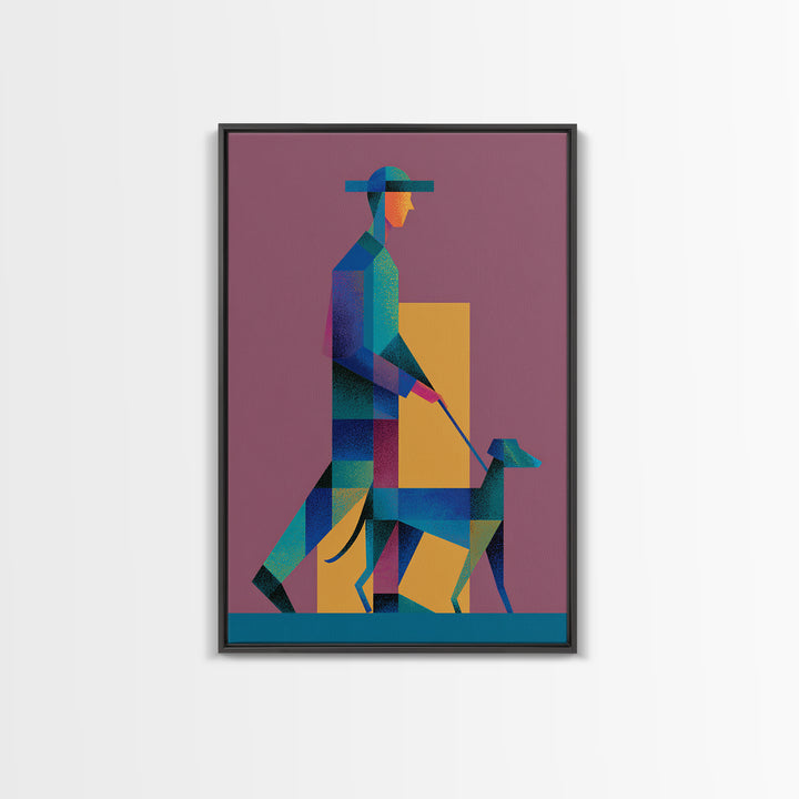 Geometric Man Walking Dog Canvas Print, Midcentury Modern Wall Art, Bauhaus Style Poster, Retro Pet Lover Home Decor Gift