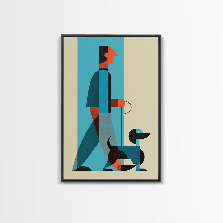 Midcentury Man With Dachshund Wall Art, Geometric Modern Art Print, Retro Dog Walker Poster, Minimalist Home Decor Gift For Dog Lovers