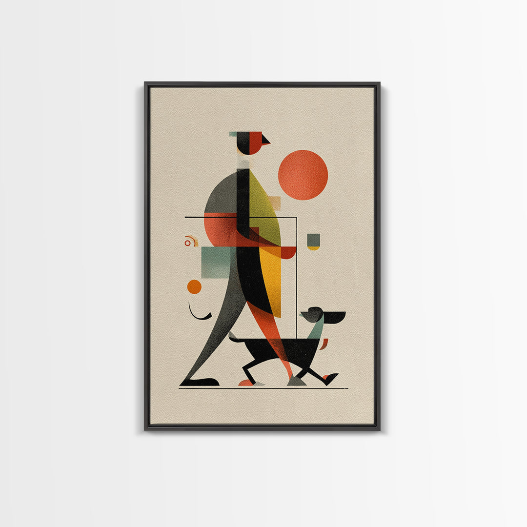 Bauhaus Man Walking Dog Framed Canvas Print, Midcentury Modern Wall Art, Geometric Sun Poster, Retro Home Office Decor Gift