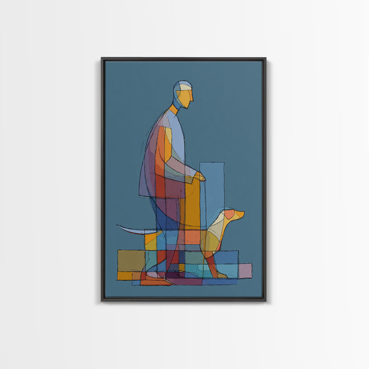 Transparent Geometric Man Dog Wall Art, Midcentury Modern Art Print, Abstract Line Drawing, Blue Bauhaus Living Room Decor