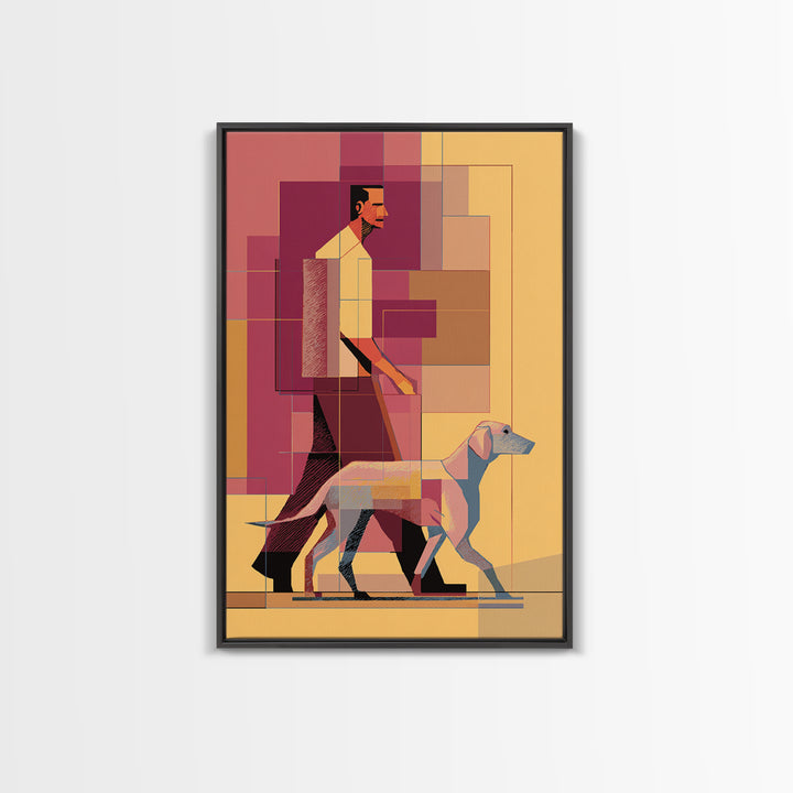 Pastel Man Walking Dog Canvas Print, Midcentury Modern Wall Art, Geometric Pink Orange Poster, Contemporary Pet Decor Gift