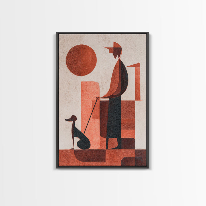 Retro Red Man With Dog Wall Art, Midcentury Modern Art Print, Geometric Sun Poster, Burnt Orange Home Decor Gift For Him