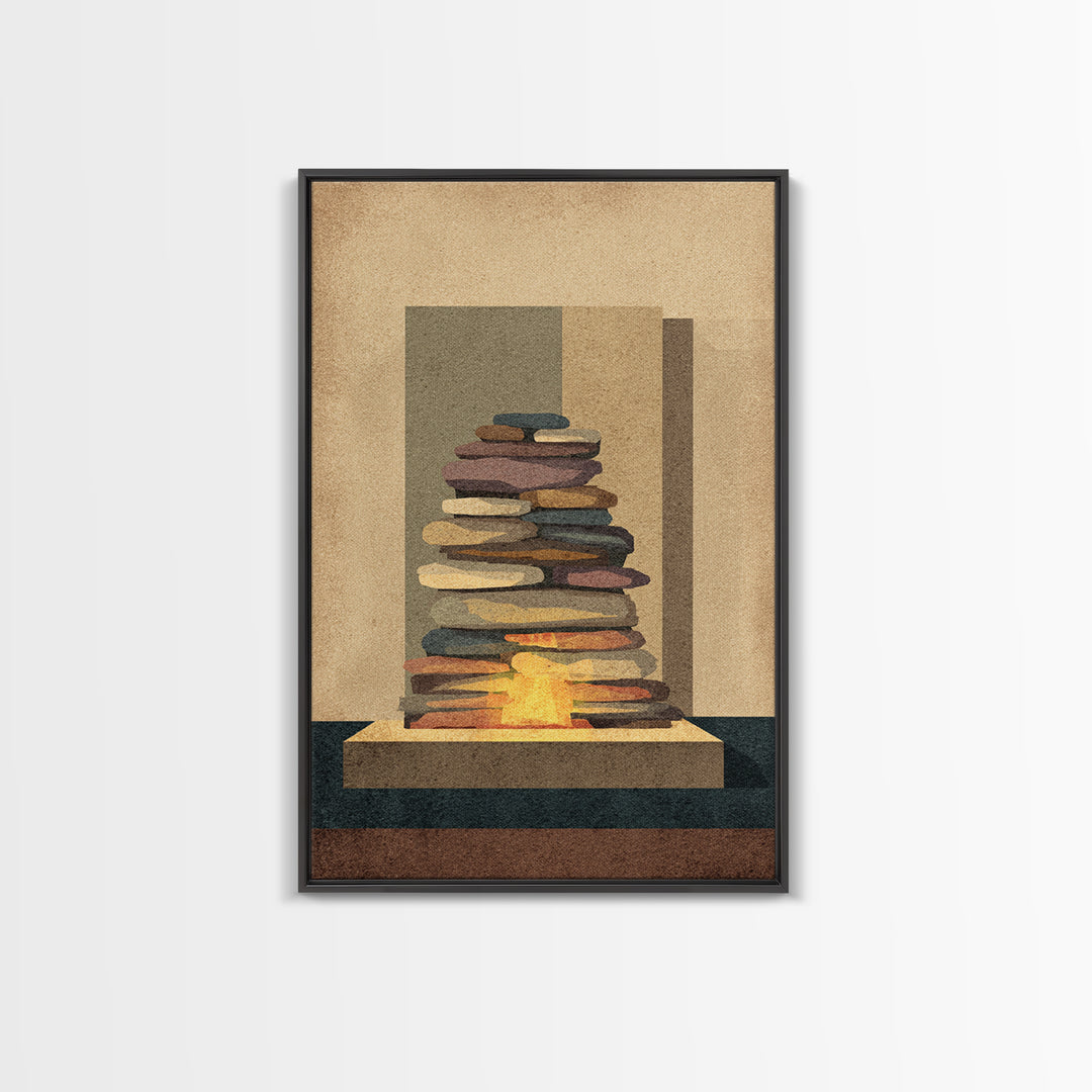 Stacked Stone Hearth With Glowing Fire Wall Art, Midcentury Modern Abstract Print, MCM Decor, Earth Tone Living Room Wall Decor