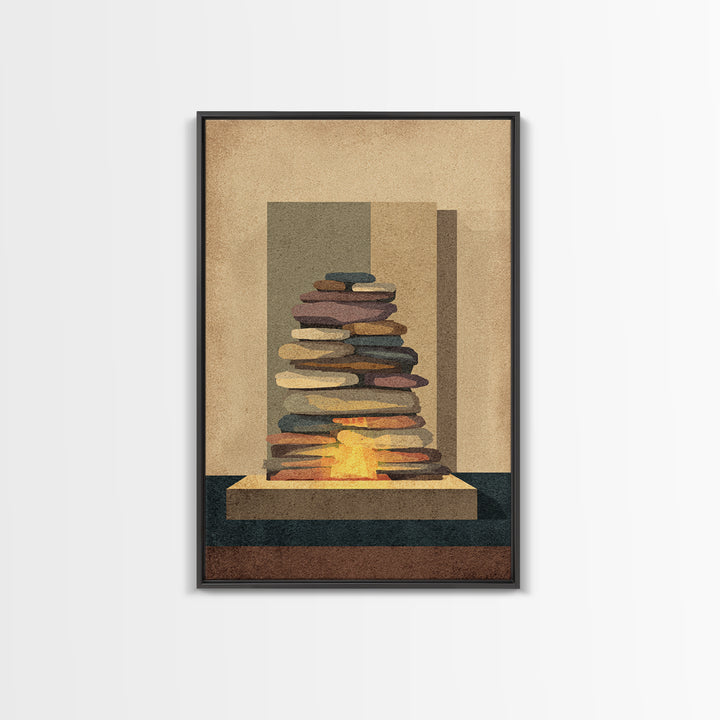 Stacked Stone Hearth With Glowing Fire Wall Art, Midcentury Modern Abstract Print, MCM Decor, Earth Tone Living Room Wall Decor