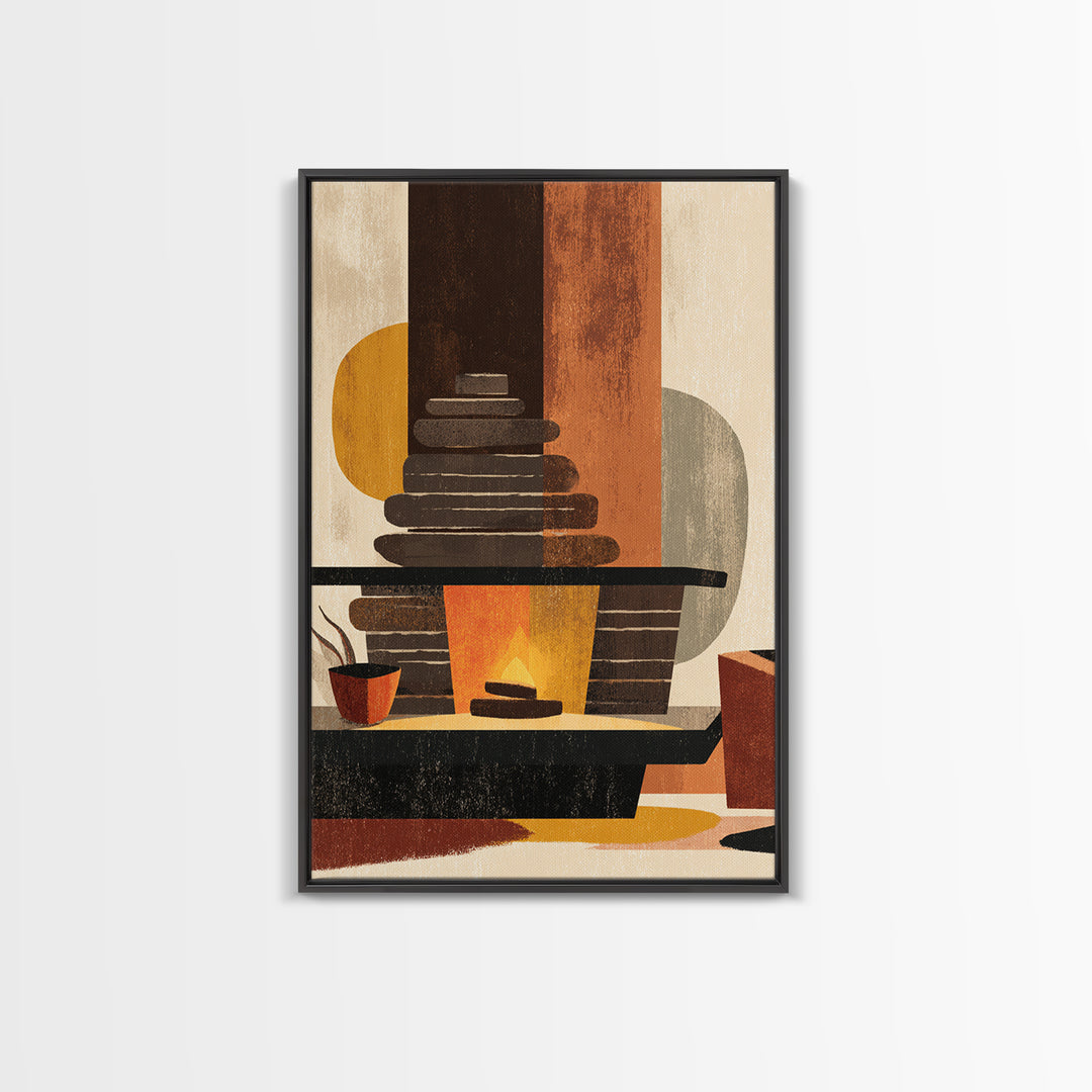 Retro Fireplace And Plant Canvas Print, Midcentury Modern Wall Art, Atomic Ranch Decor, Orange Teal Living Room Poster Prints