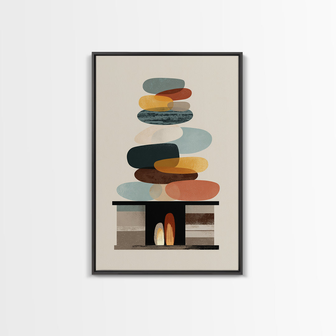 Balanced Pebble Stack Over Fireplace Framed Canvas Print, Midcentury Abstract Wall Art, Neutral MCM Decor, Colorful Home Art