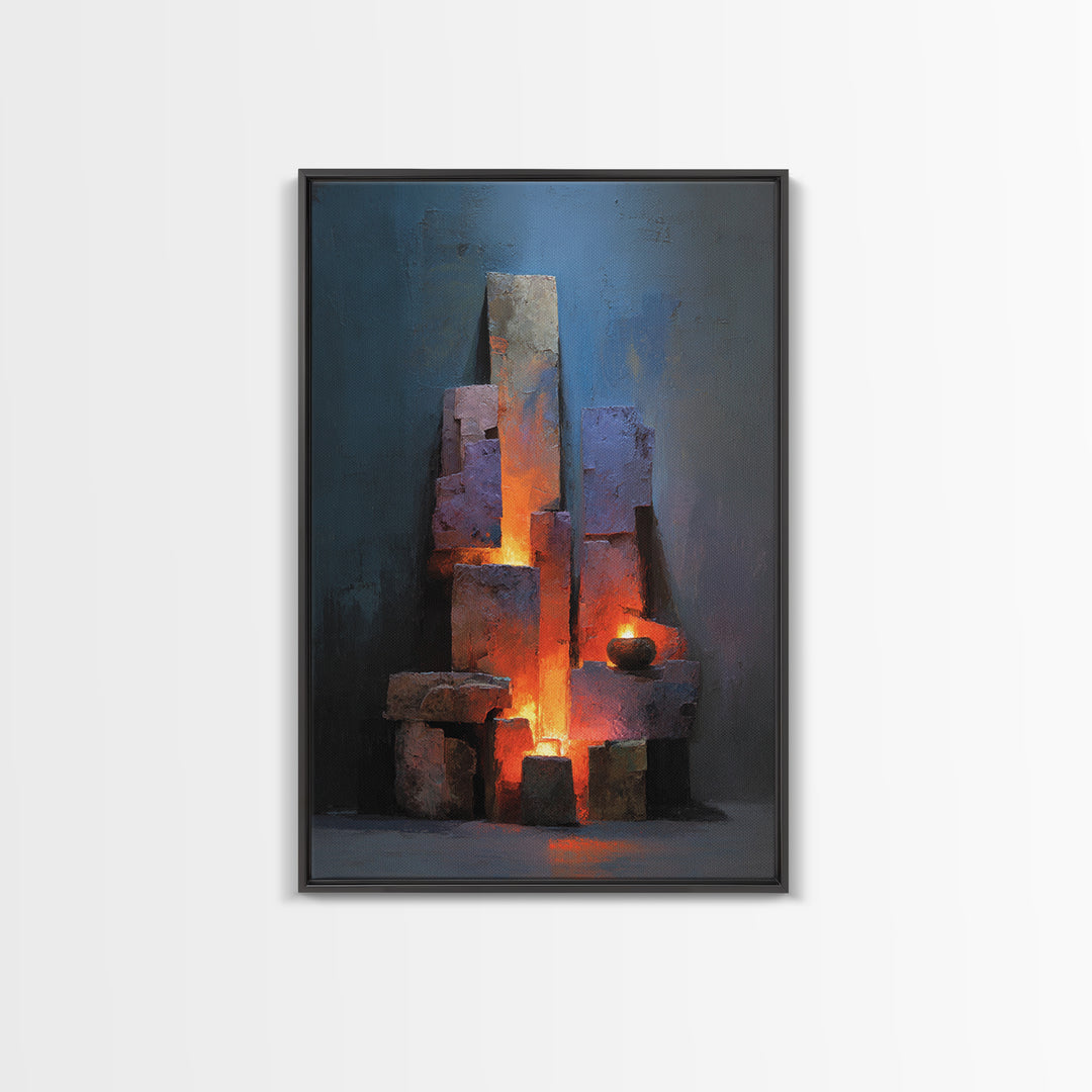 Glowing Brutalist Blocks And Candle Wall Art, Modern Abstract Art Print, Moody Blue Orange Decor, Industrial Home Office Poster