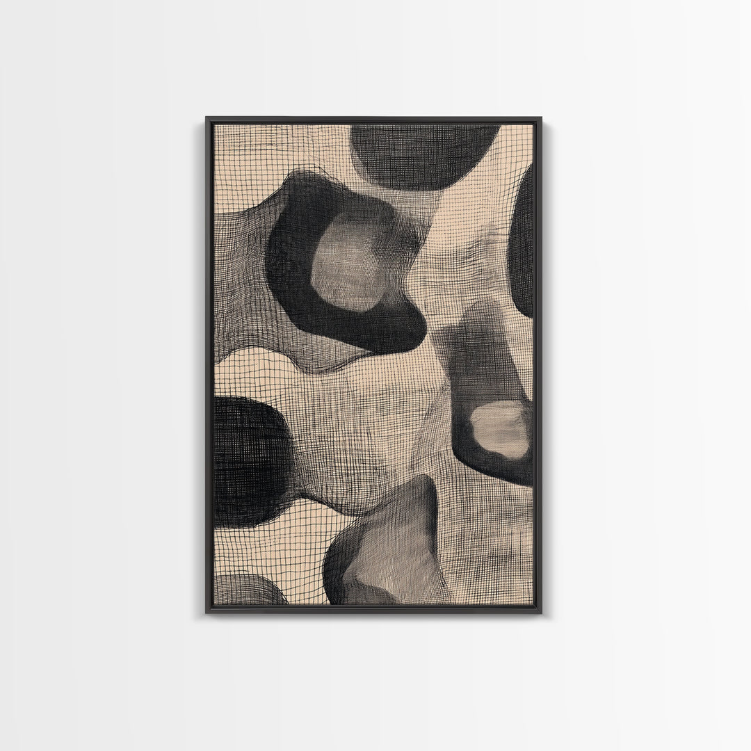 Black Beige Organic Textile Mesh Canvas Print, Minimalist Abstract Wall Art, Neutral Modern Decor, Scandinavian Home Poster