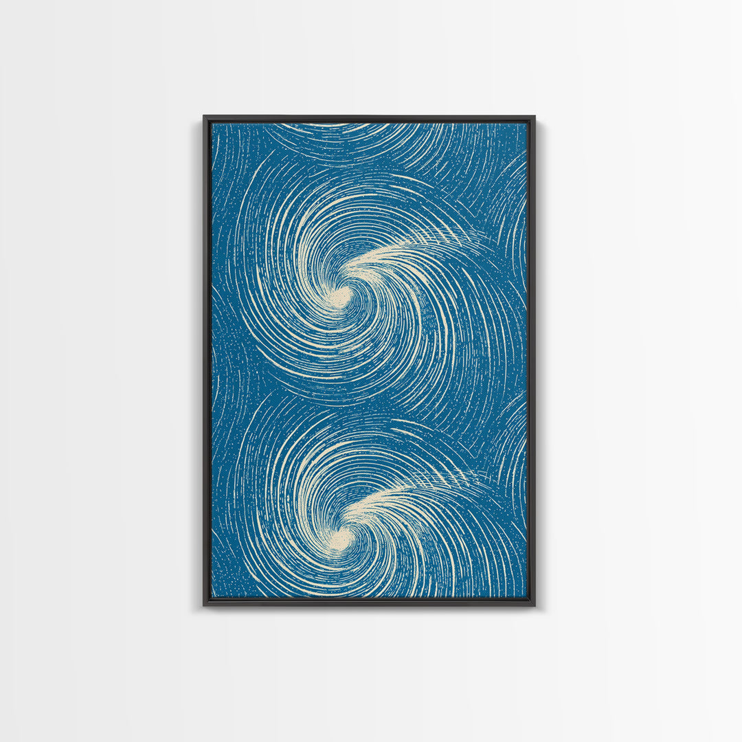 Teal Cream Double Spiral Wave Abstract Canvas Print, Retro Modern Wall Art, Coastal Geometric Poster, Blue Living Room Decor
