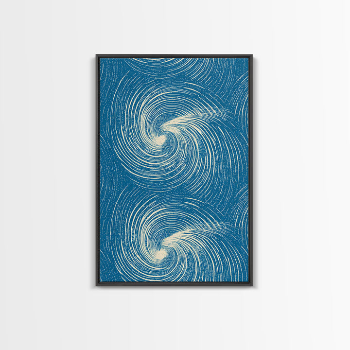 Teal Cream Double Spiral Wave Abstract Canvas Print, Retro Modern Wall Art, Coastal Geometric Poster, Blue Living Room Decor