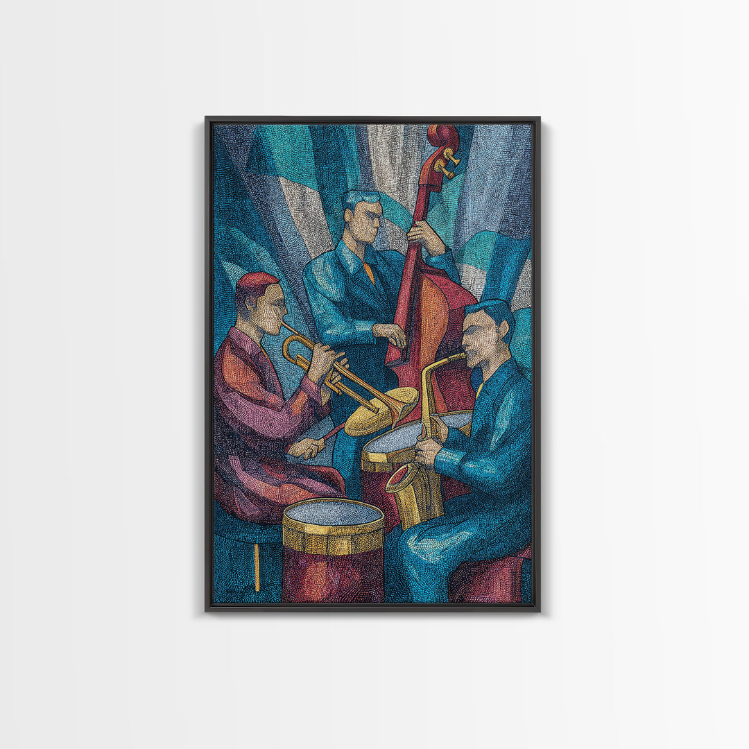 Colorful Jazz Band Trumpet Bass Drums Framed Canvas Print, Midcentury Modern Wall Art, Music Room Decor, Retro Poster Gift