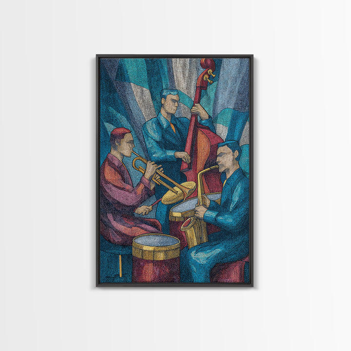 Colorful Jazz Band Trumpet Bass Drums Framed Canvas Print, Midcentury Modern Wall Art, Music Room Decor, Retro Poster Gift