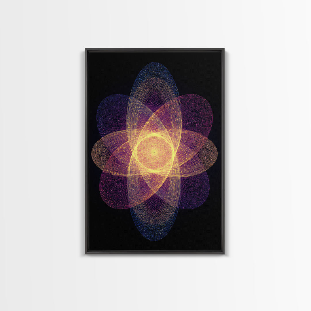 Radiant Purple Gold Atomic Flower Framed Canvas Print, Midcentury Modern Wall Art, Cosmic Geometric Art, Retro Decor Poster