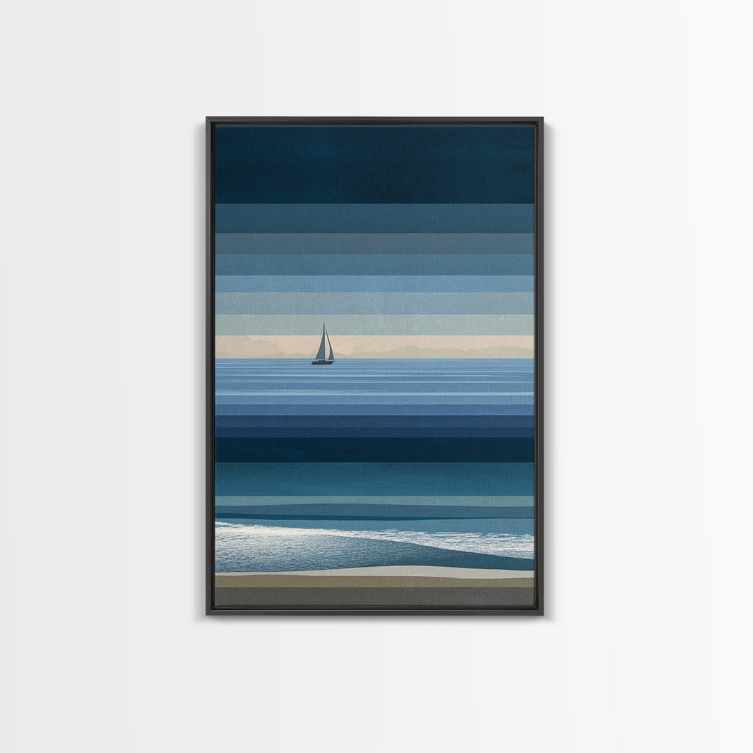 Minimal Blue Sailboat Seascape Wall Art, Coastal Landscape Art Print, Modern Wall Decor, Calm Ocean Nautical Home Decor Gift