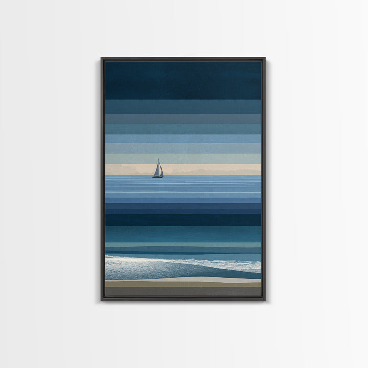 Minimal Blue Sailboat Seascape Wall Art, Coastal Landscape Art Print, Modern Wall Decor, Calm Ocean Nautical Home Decor Gift