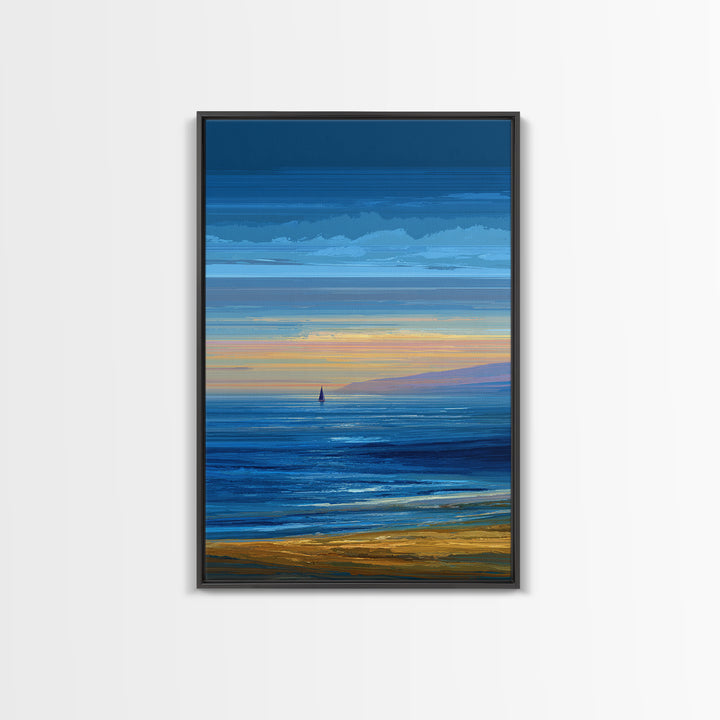 Blue Coastal Sunset Sailboat Framed Canvas Print, Ocean Beach Wall Art, Modern Landscape Art, Nautical Living Room Decor