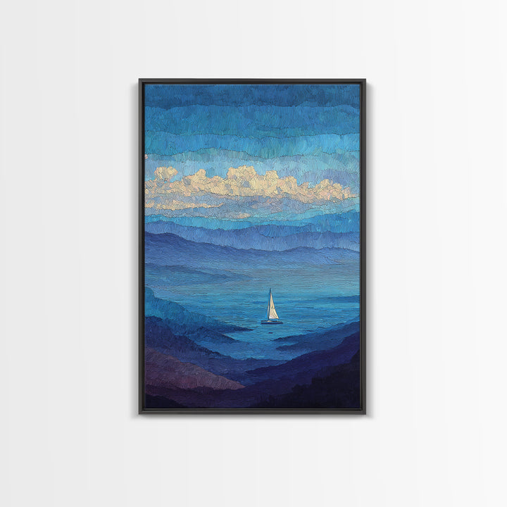Textured Blue Mountain Lake Sailboat Wall Art, Scenic Coastal Landscape Print, Modern Home Decor, Peaceful Nature Artwork